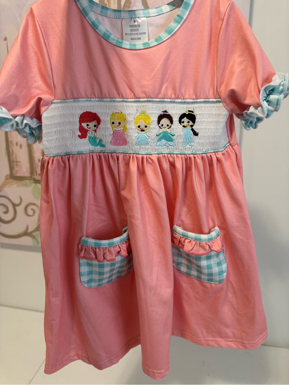 Pink Girls' Smocked Princess Dress with Aqua Gingham Trim Milk Silk